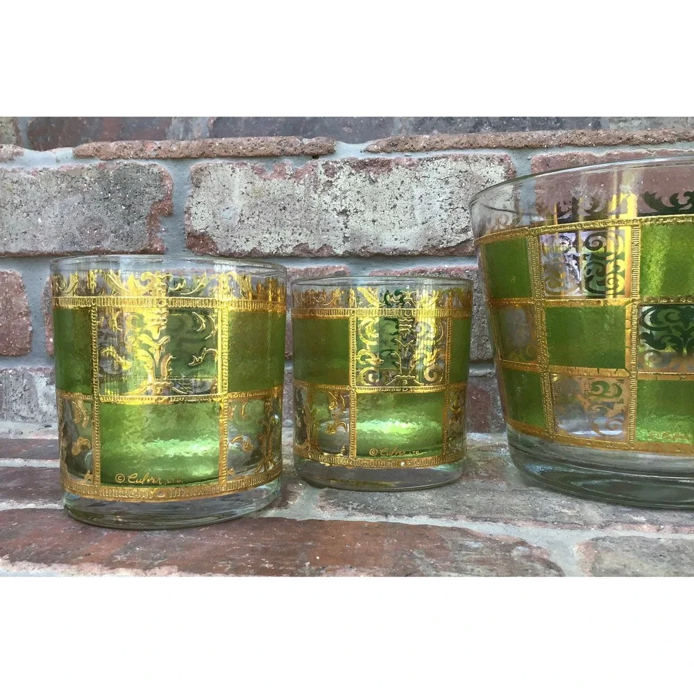 Vtg 60s Culver Prado Green & Gold 22 k Lowball Glasses (4) and Ice Bucket Set